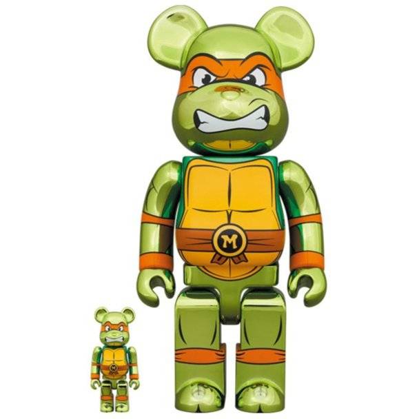 400% & 100% Bearbrick Michelangelo Chrome figures, Teenage Mutant Ninja Turtles, showcasing nunchucks and chrome finish.