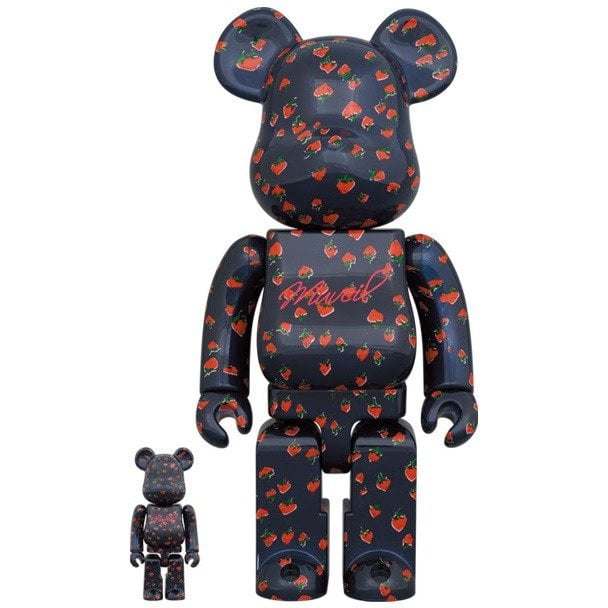 Bearbrick sæt featuring 100% and 400% figures with red strawberry print on black background and Muveil logo on chest