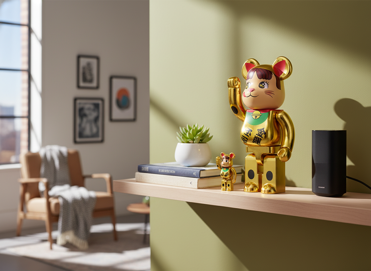100% & 400% Bearbrick - Lucky Cat Peko-Chan (Double oval coin Gold plated)-Medicom Toy-Bearbrick