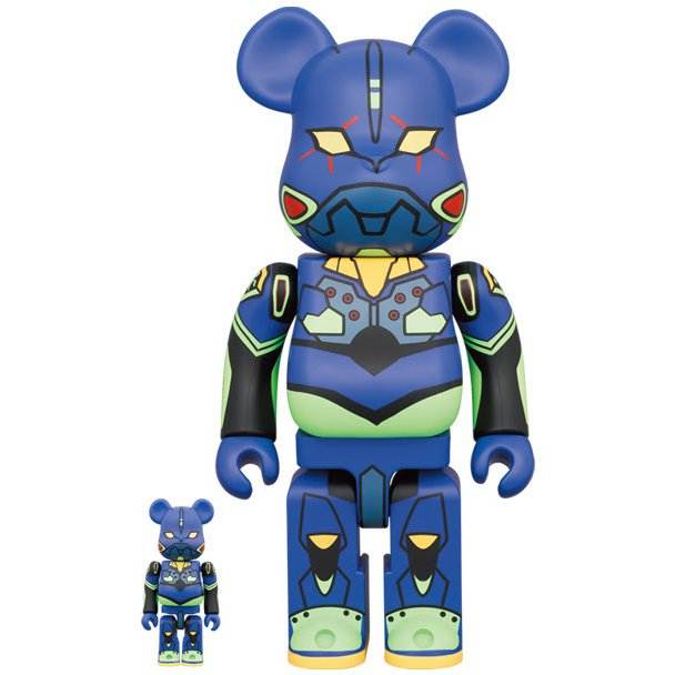 Bearbrick sæt featuring EVA Unit 01 with new paint, 400% and 100% sizes.