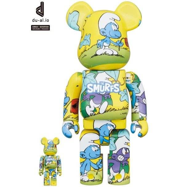 400% & 100% Bearbrick set - The Purple Smurf, featuring 80s cartoon design and limited edition figures.