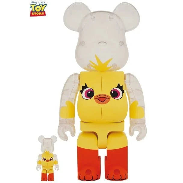 Bearbrick sæt featuring 400% and 100% Ducky from Toy Story 4, yellow and orange design.