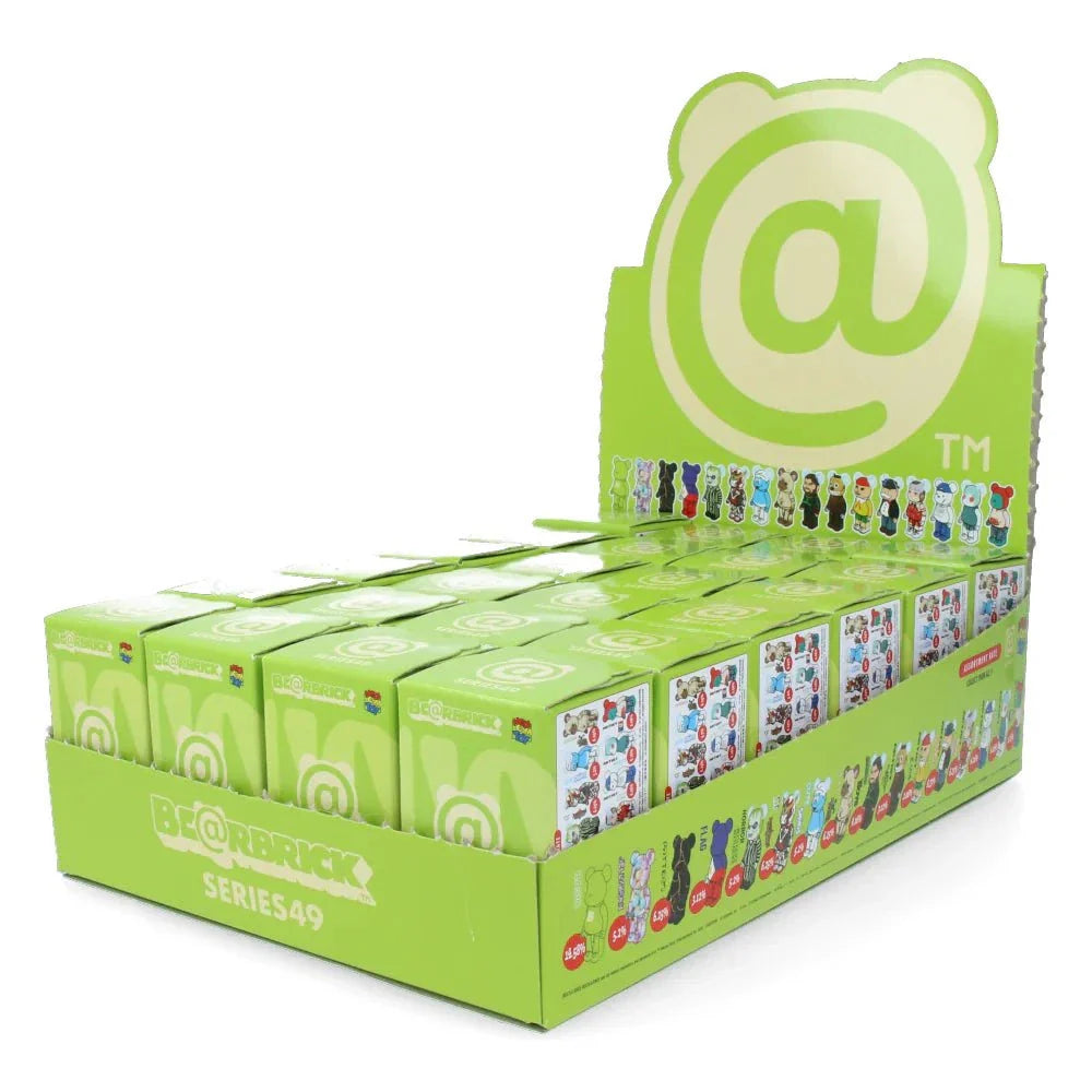 100% Bearbrick Blindbox Series 49 display with multiple green boxes featuring various collectible designs.