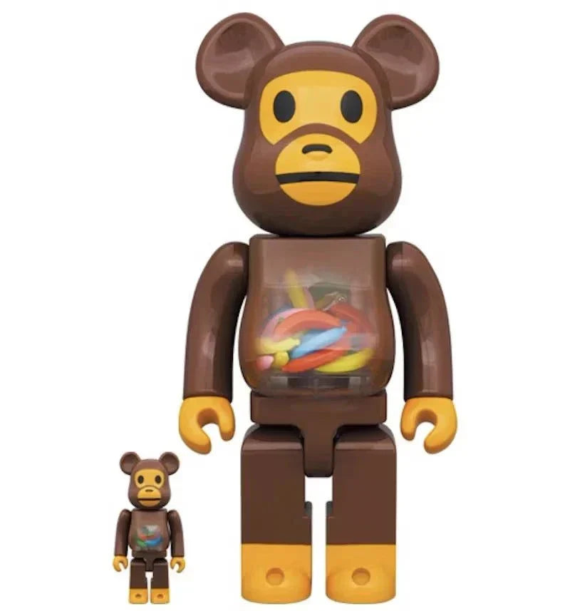 Bearbrick set featuring Baby Milo and Banana by BAPE in 400% & 100% sizes.