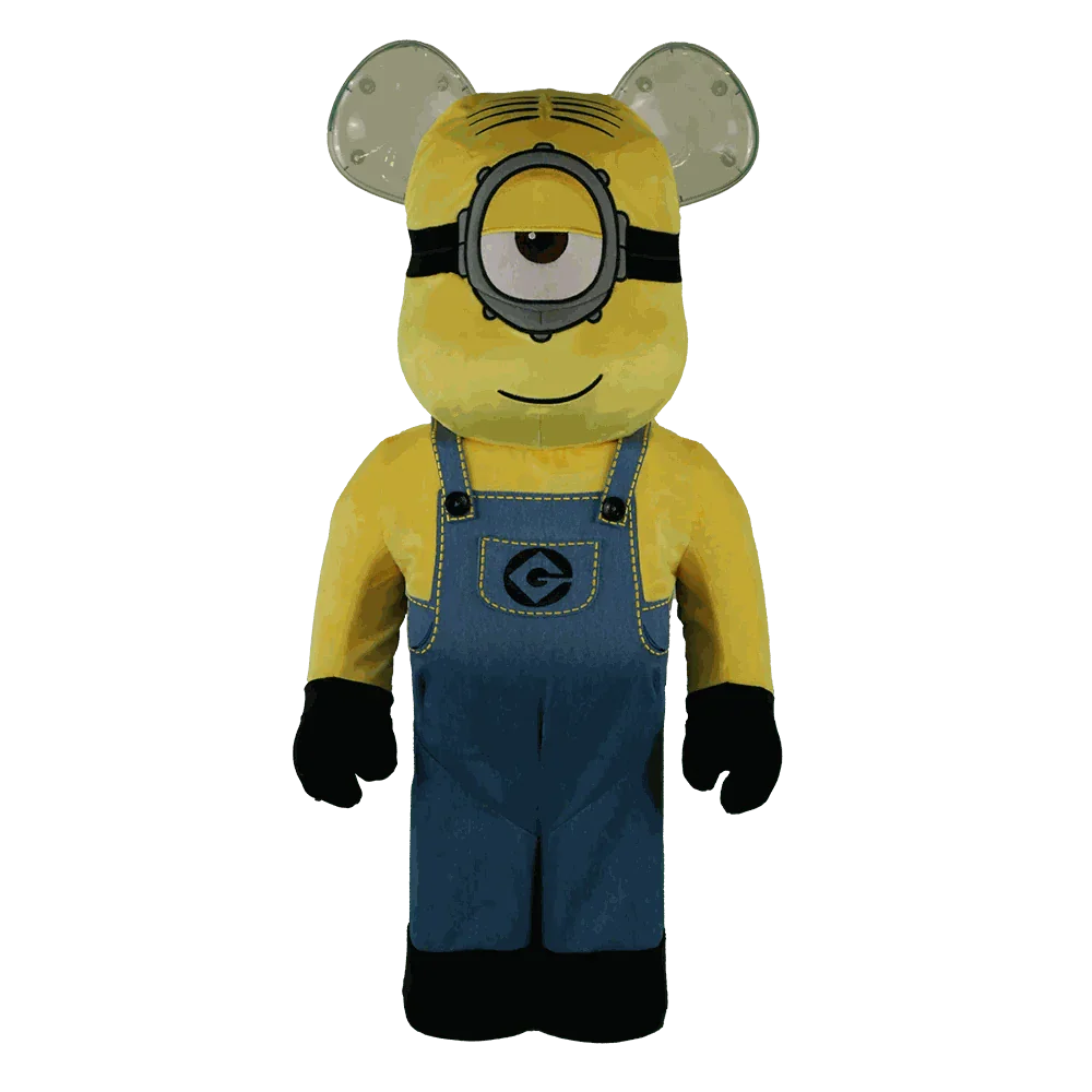 1000% Bearbrick Minions Stuart Costume Version, 70 cm collectible figure in yellow overalls.